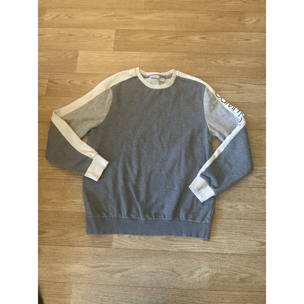 Calvin Klein Mens Colorblock Logo Sleeve Crewneck Sweatshirt Grey White Size L